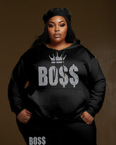 Women's Plus Size 2 Piece Outfits Crown Boss Hoodie and Sweatpants Set
